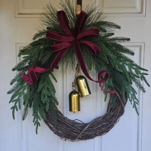 Real Touch Norfolk Pine Holiday Wreath, Burgundy Farrisilk Velvet Ribbon, Bells